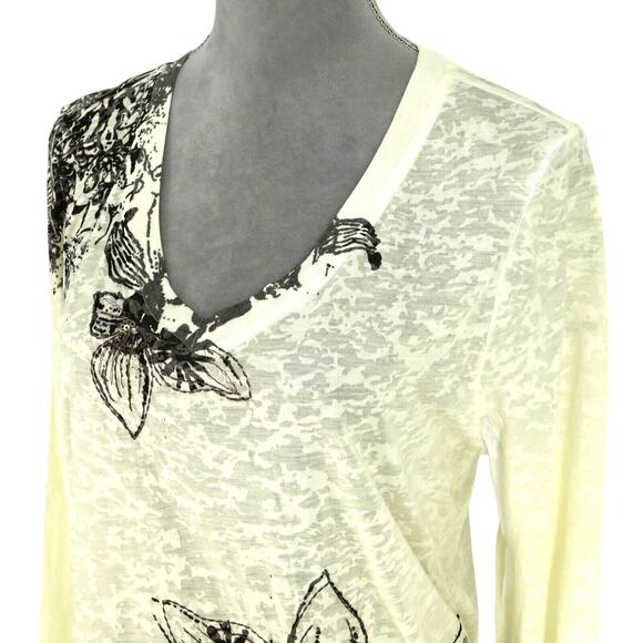 Coldwater Creek Top Womens Large Ivory Black Floral Sequin T-shirt Slub Knit - Picture 8 of 15
